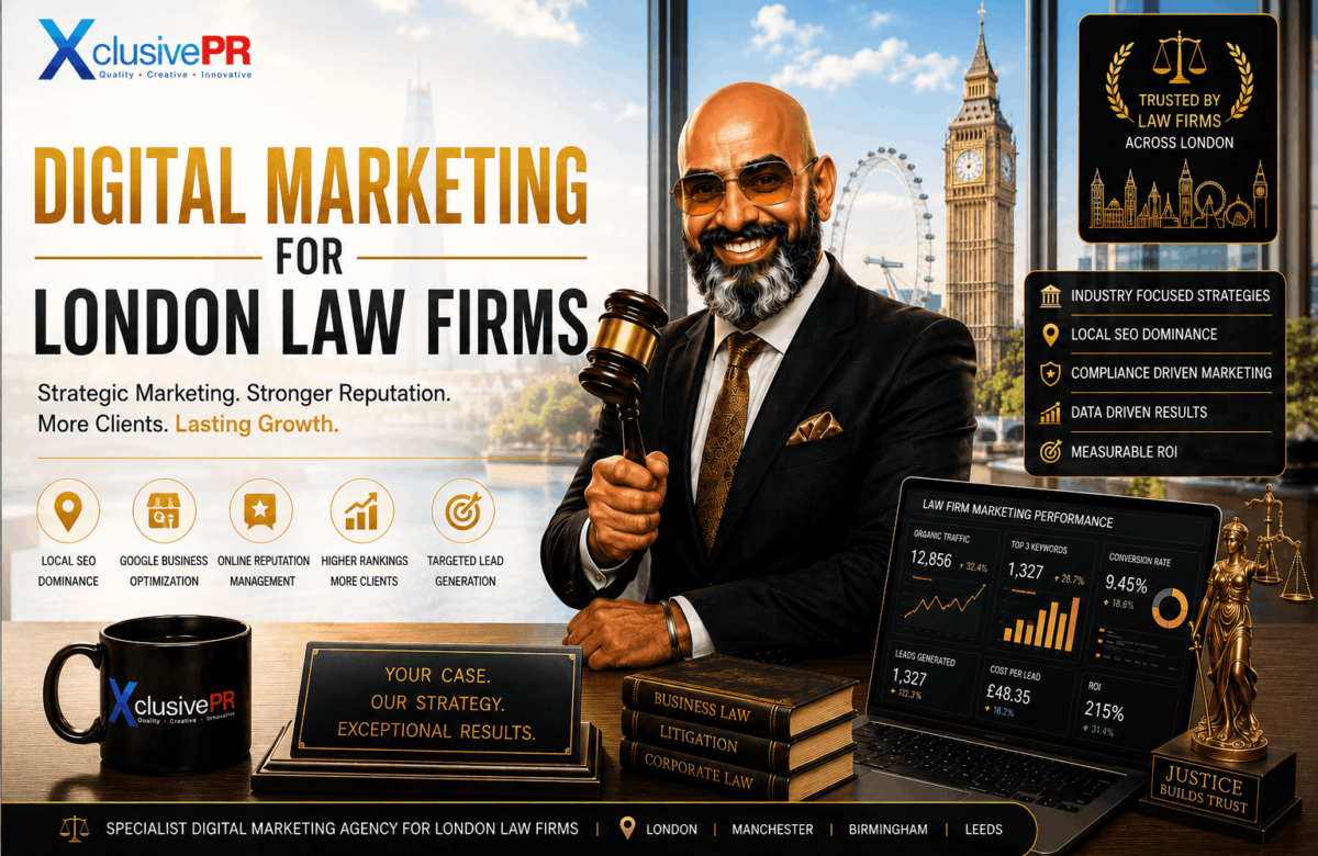 Digital Marketing for London Law Firms featuring the Royal Courts of Justice, London skyline, and Xclusive PR's founder showcasing legal marketing expertise.