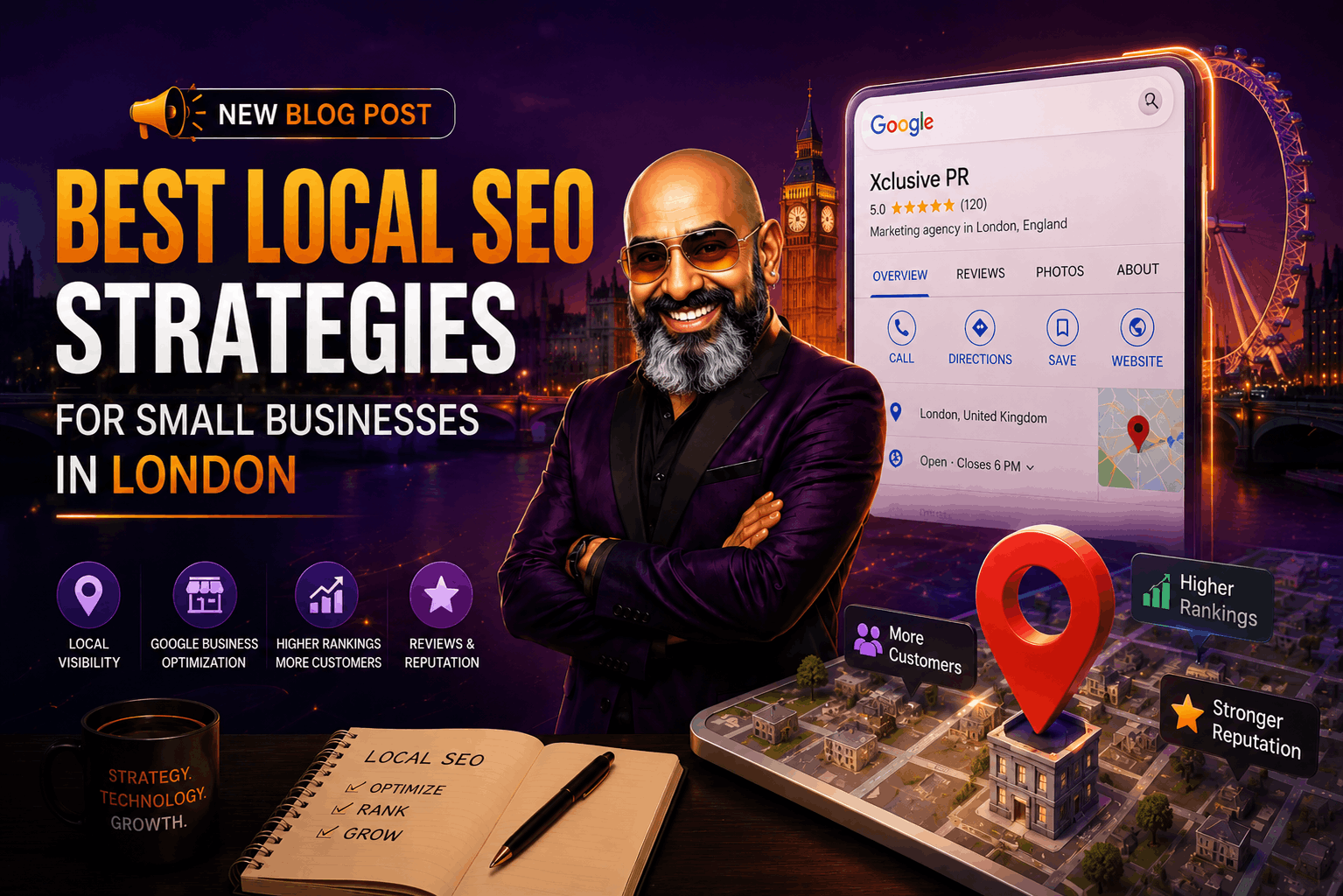 Illustration of local SEO strategies for small businesses in London featuring Google Business Profile, local search optimization and map visibility.