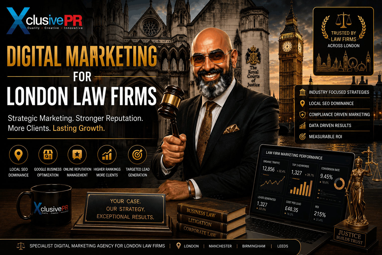 Digital Marketing for London Law Firms featuring the Royal Courts of Justice, London skyline, and Xclusive PR's founder showcasing legal marketing expertise.