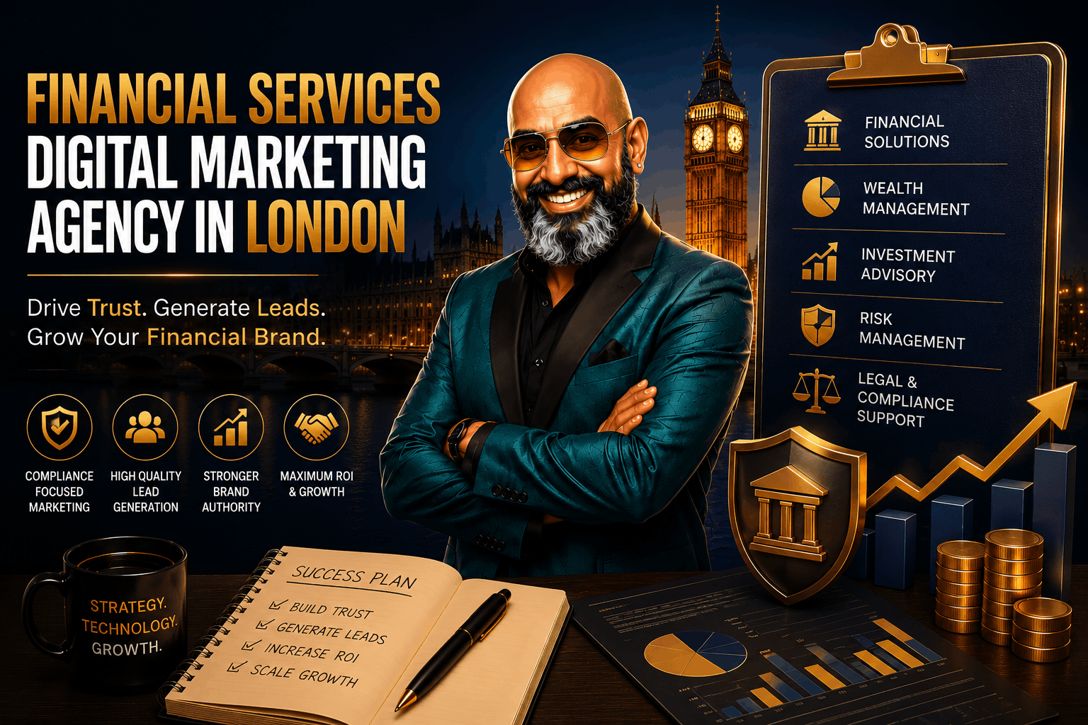 Illustration of digital marketing solutions for financial services in London featuring financial analytics, legal symbols, growth strategies and modern marketing technology.