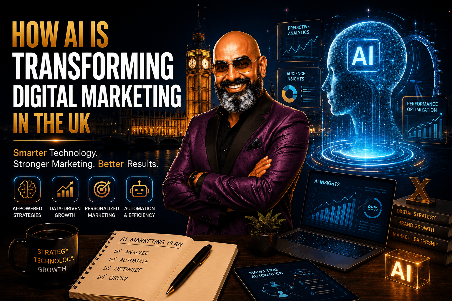 AI-powered digital marketing illustration showing automation, analytics and SEO solutions for businesses in the UK.