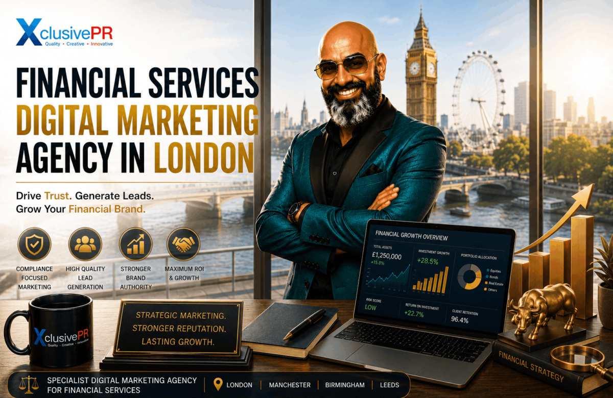 Illustration of digital marketing solutions for financial services in London featuring financial analytics, legal symbols, growth strategies and modern marketing technology.