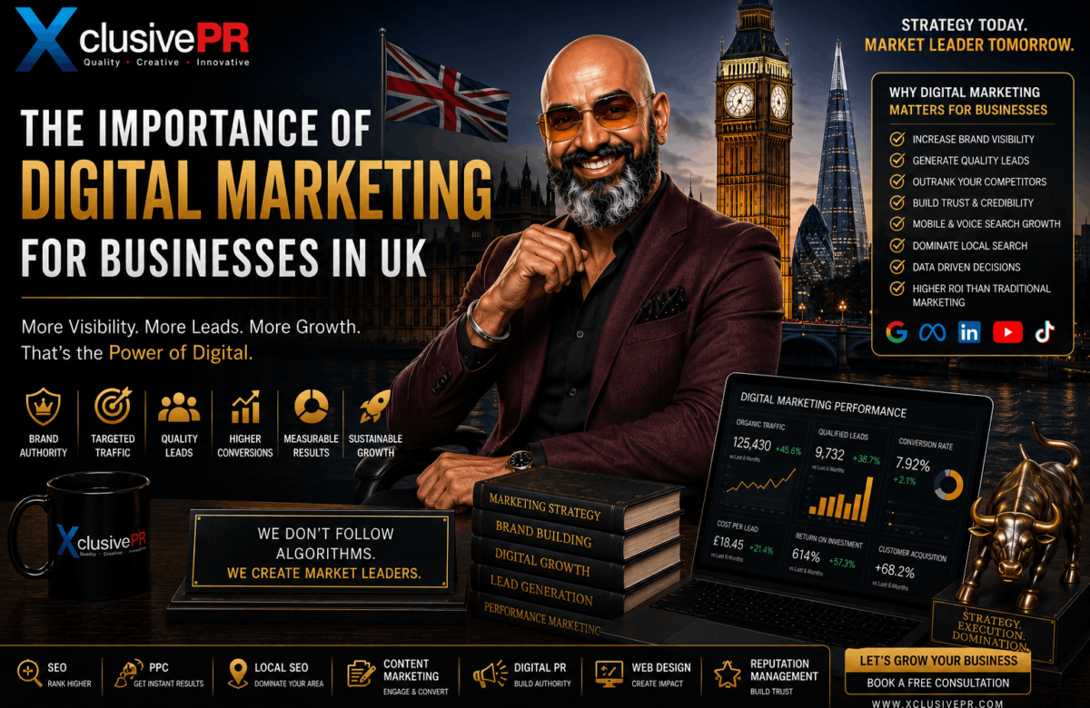 The Importance of Digital Marketing for Businesses in the UK featuring Xclusive PR founder with London skyline, digital marketing dashboard, SEO, PPC and business growth visuals.