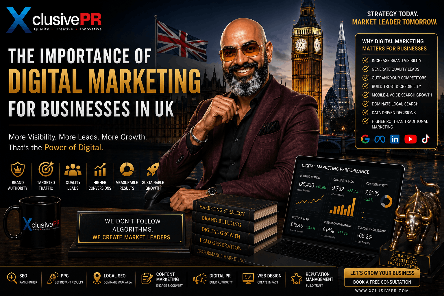 The Importance of Digital Marketing for Businesses in the UK featuring Xclusive PR founder with London skyline, digital marketing dashboard, SEO, PPC and business growth visuals.
