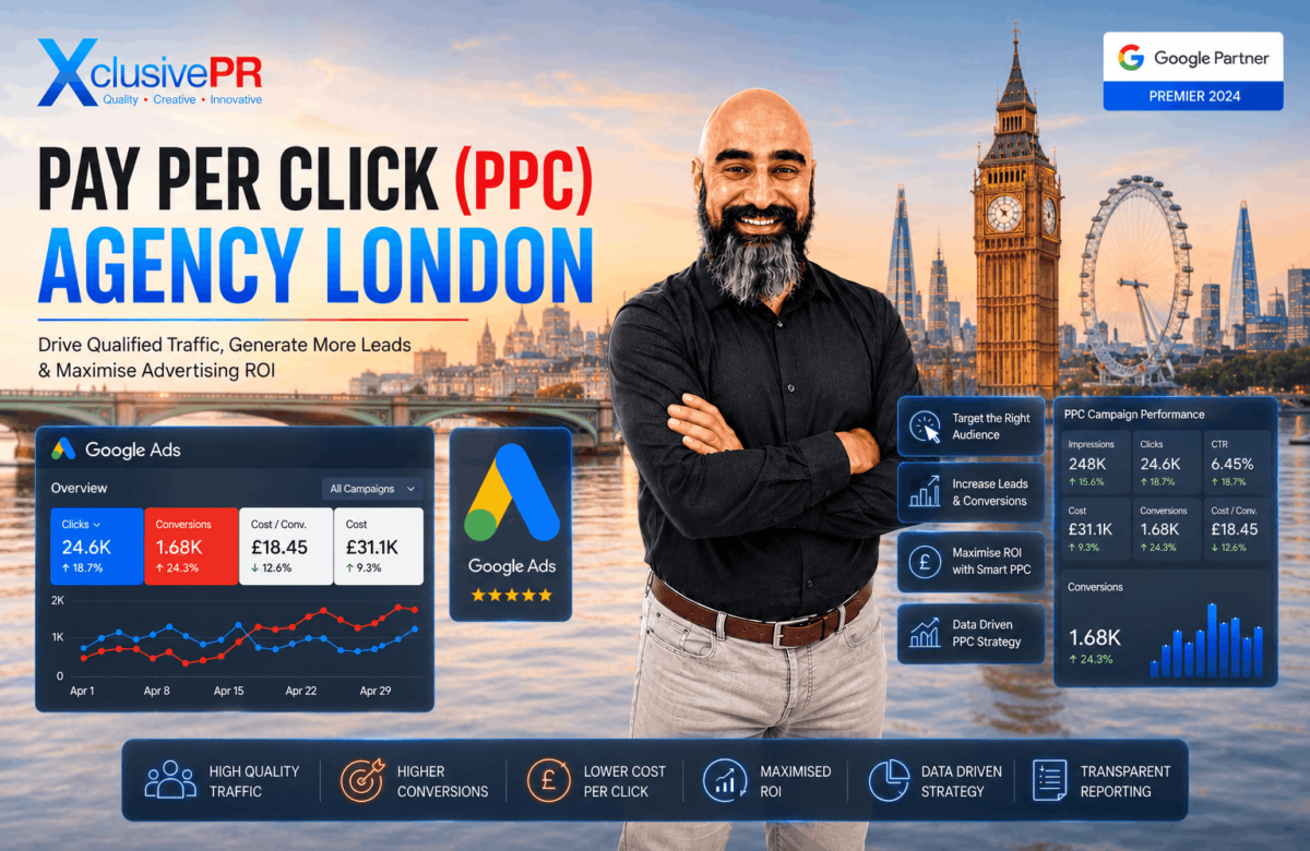 Raj Singh from Xclusive PR showcasing PPC agency services in London with Google Ads campaign management, paid search marketing, lead generation, and ROI optimization
