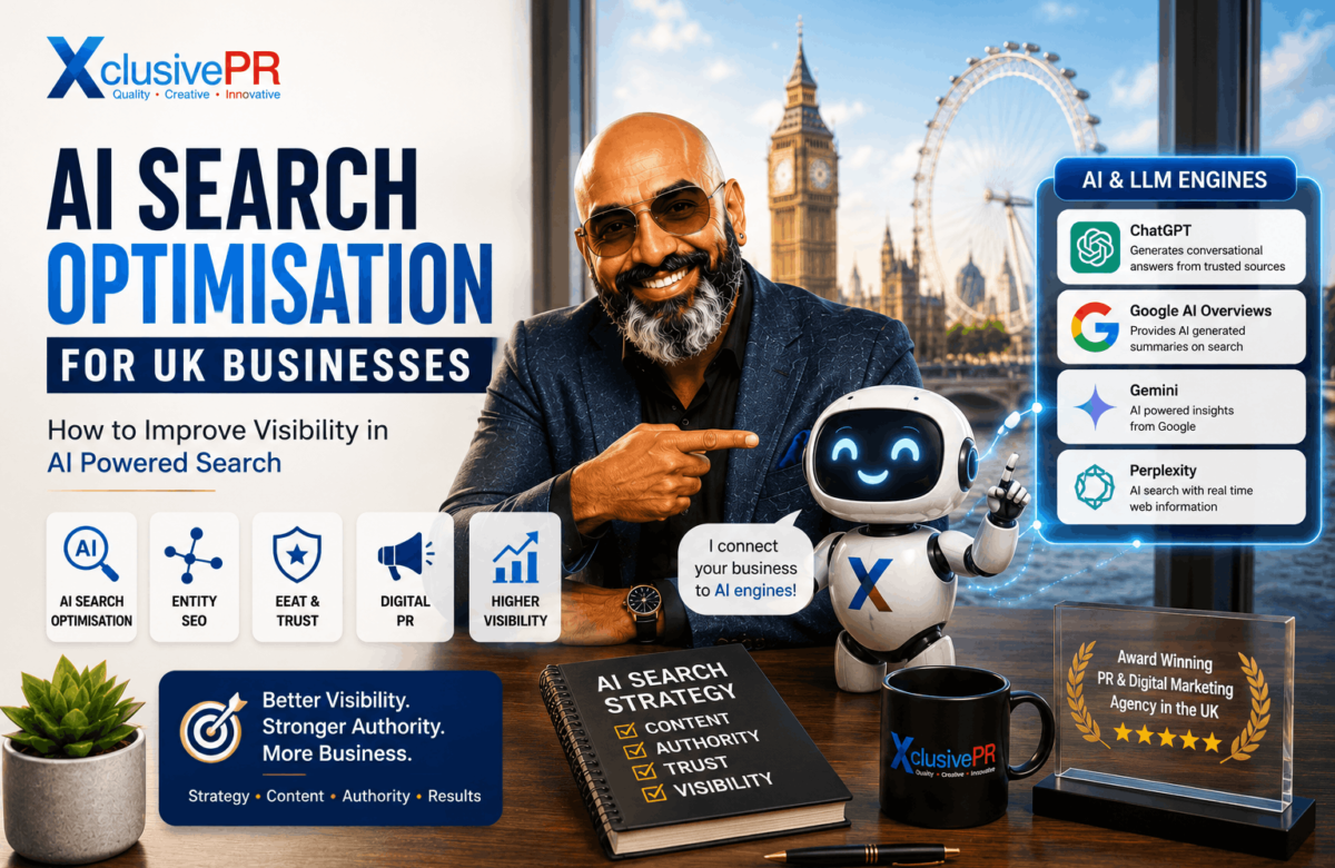 AI Search Optimisation for UK businesses showing Raj Singh and an AI robot representing AI and LLM search engines