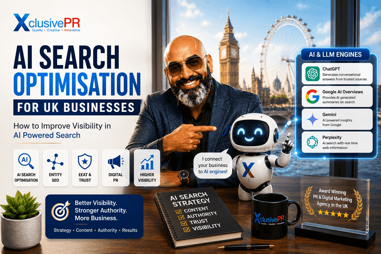 AI Search Optimisation for UK businesses showing Raj Singh and an AI robot representing AI and LLM search engines