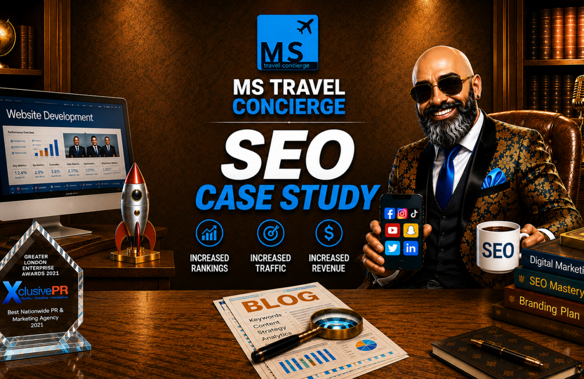 SEO case study showcasing how XclusivePR increased organic traffic, keyword rankings, and user engagement for MS Travel Concierge.