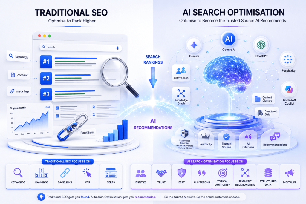 Traditional SEO vs AI Search Optimisation comparison showing how AI-powered search prioritises entities, EEAT, topical authority and trusted recommendations over traditional keyword rankings.