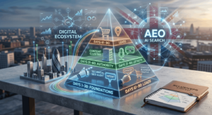 Infographic showing XclusivePR's 90-day AEO strategy broken into 30-day phases covering foundation, authority building, and lead acquisition against a London skyline.